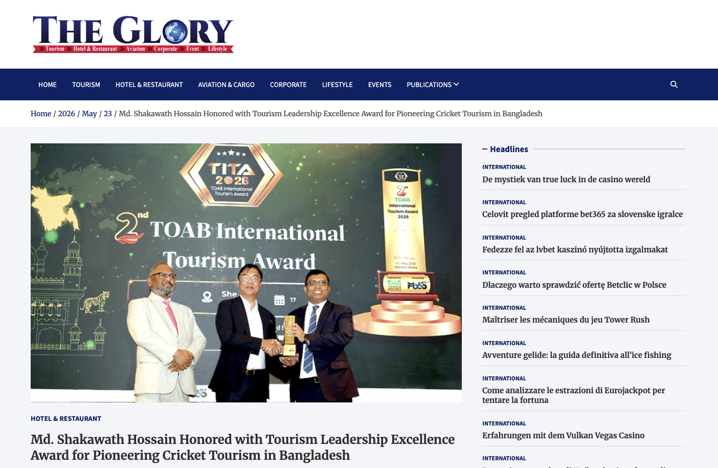 Md. Shakawath Hossain Honored with Tourism Leadership Excellence Award for Pioneering Cricket Tourism in Bangladesh