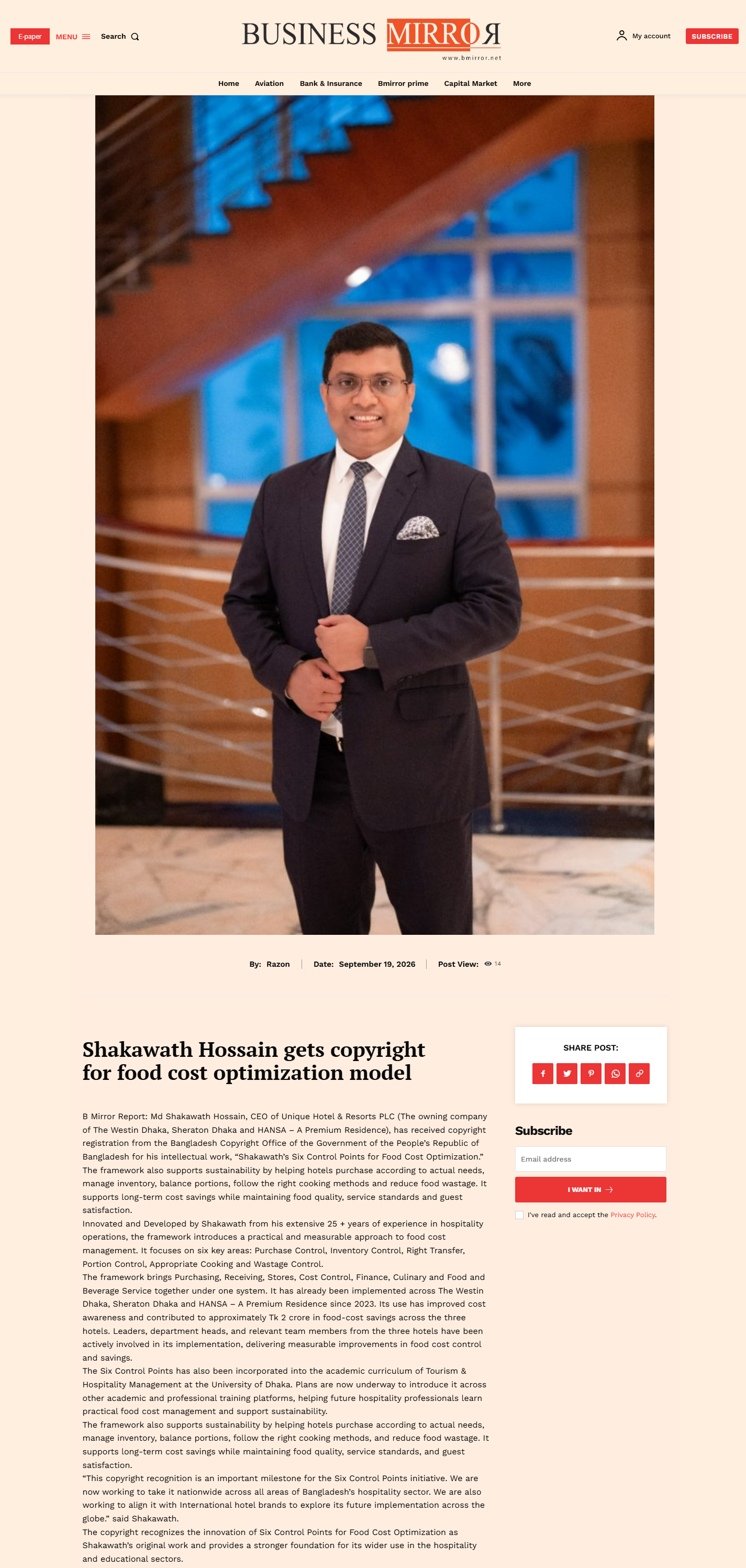 Shakawath Hossain gets copyright for food cost optimization model