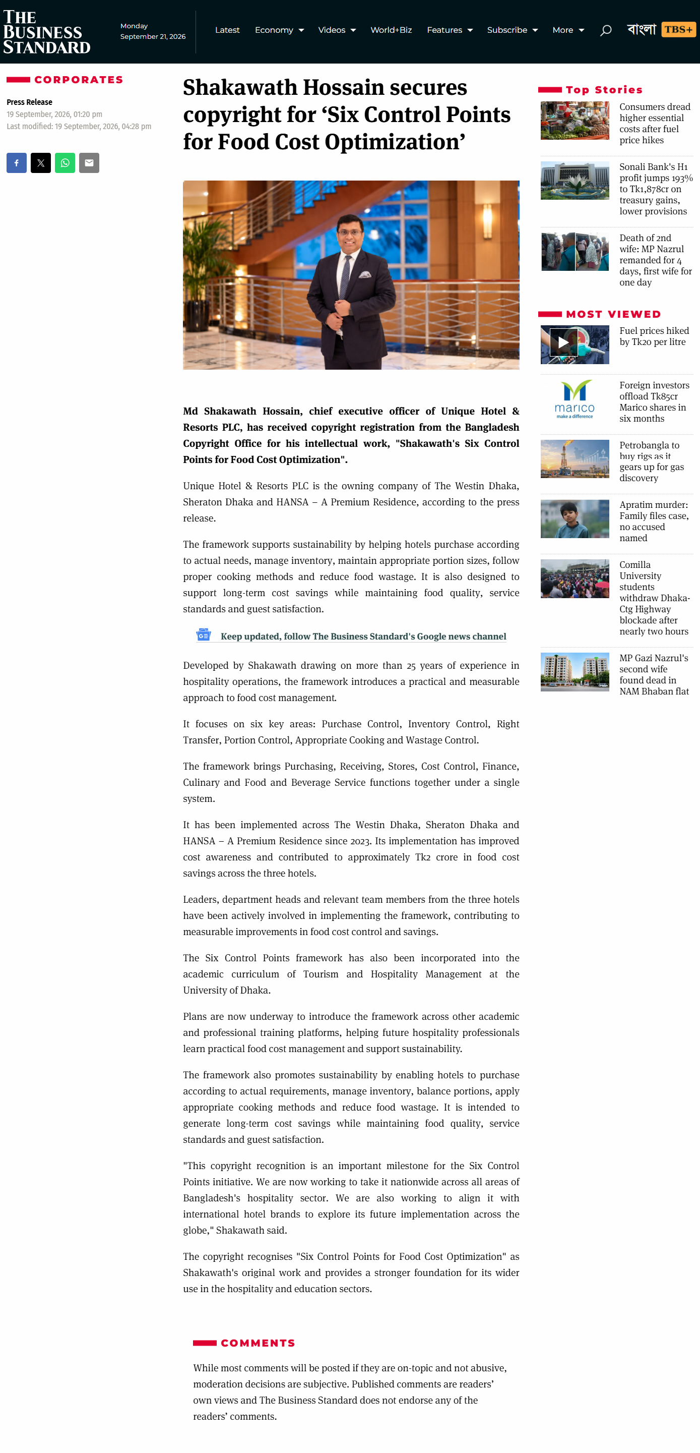 Shakawath Hossain secures copyright for ‘Six Control Points for Food Cost Optimization’